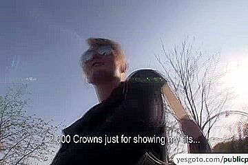 2 golden-haired amateurs shows meatballs and have public sex with a stranger for money