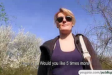 2 golden-haired amateurs shows meatballs and have public sex with a stranger for money