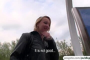 2 golden-haired amateurs shows meatballs and have public sex with a stranger for money