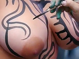 Big tits girl public body painting