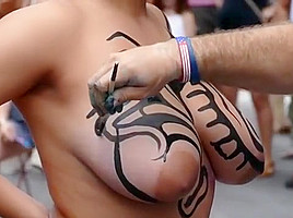 Big tits girl public body painting