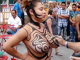 Big tits girl public body painting