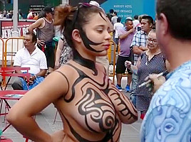 Big tits girl public body painting
