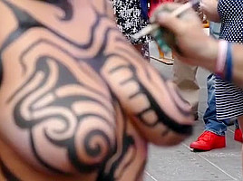 Big tits girl public body painting