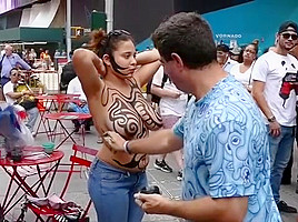 Big tits girl public body painting