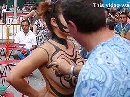 Big tits girl public body painting