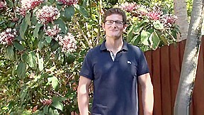 Brown haired Bull strokes by the pool, milks his cum out hands-free!