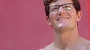 Brown haired Bull strokes by the pool, milks his cum out hands-free!