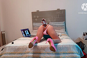 Caged Sissy In Pink Thong And Heels Drinking Beer Anally