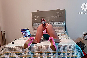 Caged Sissy In Pink Thong And Heels Drinking Beer Anally