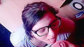 Cute nerdy teen 18+ sucking Step daddy's dick until he cums!
