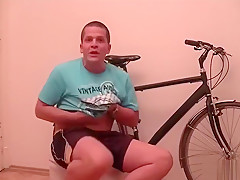 Horny dude Tomm plays with his dick after bicycle checking