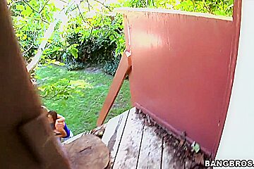 Hot blonde gives a head in house on a tree