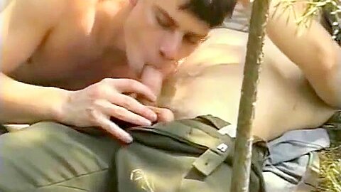Military Boys Empting Their Meaty Cannons Outdoors