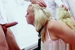 Restrained TS sucks a big cock before taking it in the ass