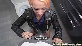 Shy babe pussyfucked in public toilet POV