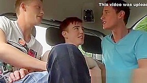 Three twink gays anally fuck and kiss in a moving car
