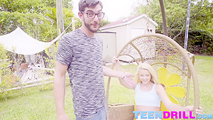 Tiny Riley swings her mouth and pussy at Logans huge cock